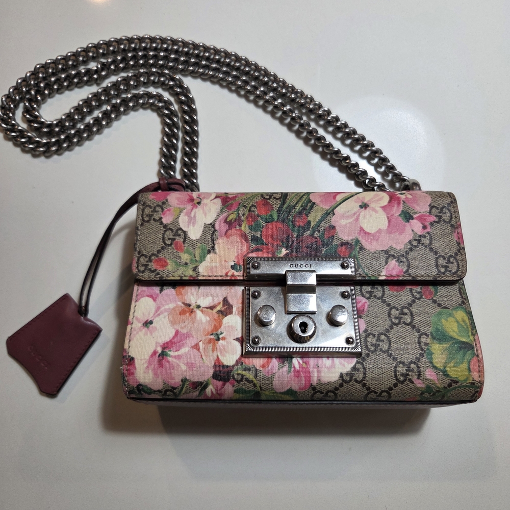 Authentic Gucci Pink Floral Crossbody Bag with Chain